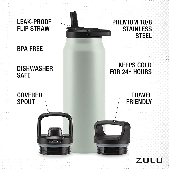 ZULU Base 40oz Stainless Steel Water Bottle with 3 Lids- Straw, Chug, Twist | Double Walled and Vacuum Insulated Metal Thermos | For Gym, Outdoor | Built in Carry Loop, Dishwasher Safe, Sage