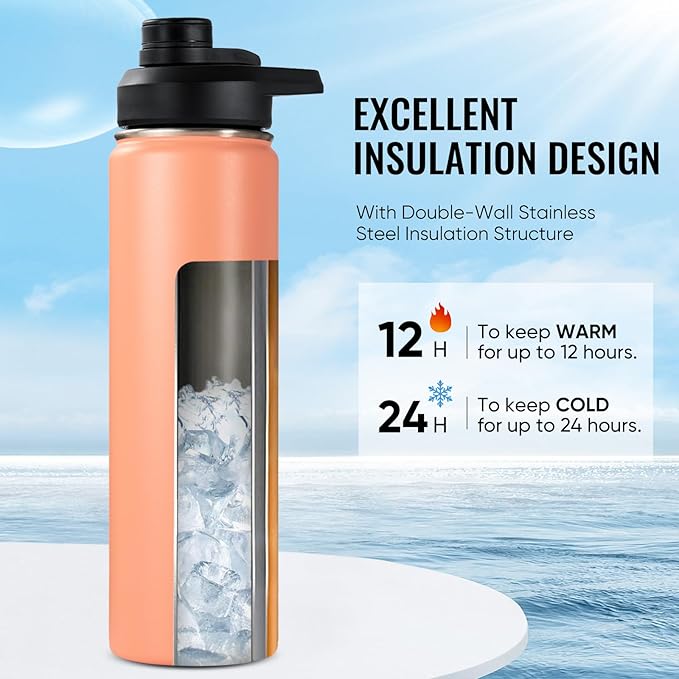 Fijinhom 24 oz Insulated Water Bottle with Handle, 304 Stainless Steel Water Bottles with Wide Mouth, Double Wall Vacuum Sports Water Bottle, BPA Free, Keep Cold and Hot, Coral