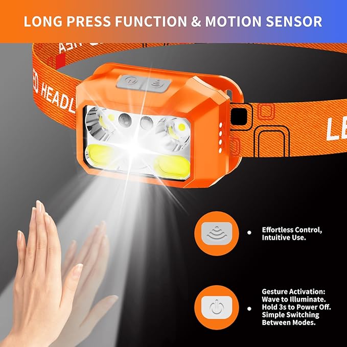 Headlamp Rechargeable LED, 800 Lumens with Red & White Light, 8 Modes, Motion Sensor, USB-C Charging, IPX4 Waterproof (1, Orange)