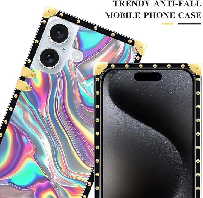 Compatible with iPhone 16 Plus Case, Holographic Abstract Iridescent Textures Luxury Golden Decoration for Girl Women Soft TPU Shockproof Protective Hard PC Back
