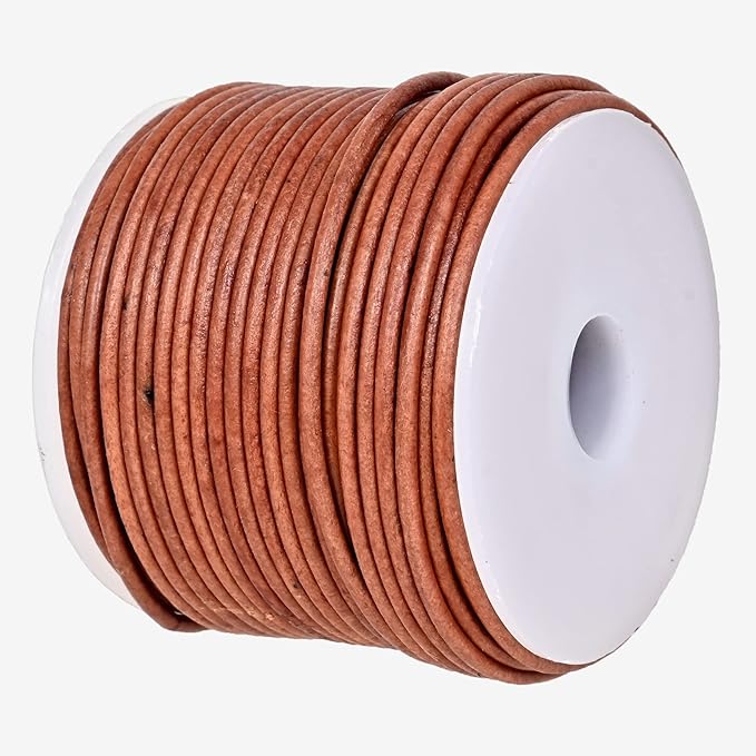 GENIQUE Real/Genuine Round Leather String Cord for Necklace, Bracelets, Jewelry, Kumihimo Braiding, DIY Projects (20 Metres) (1.5mm, Light Brown Distressed)