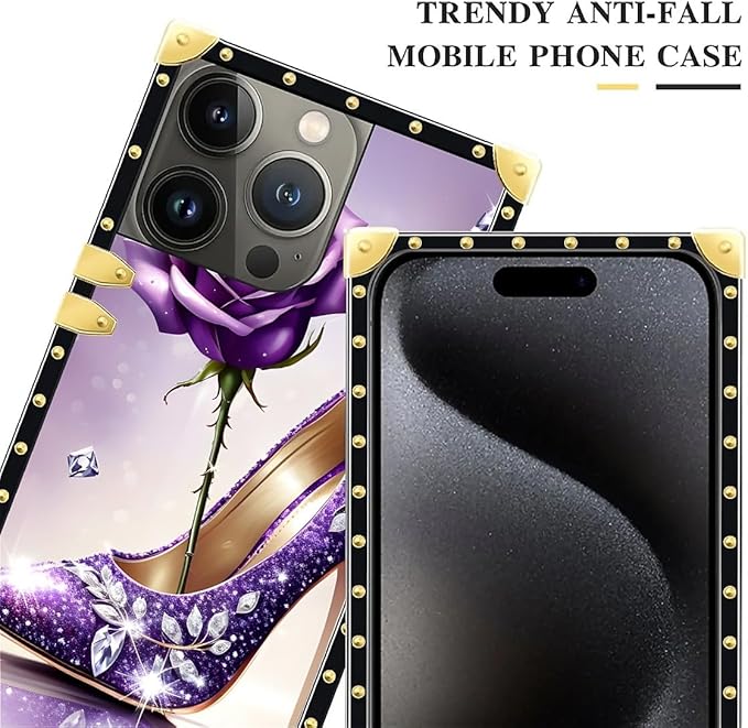 Compatible with iPhone 16 Pro Max Case, High Heeled Purple Diamond Rose Luxury Golden Decoration for Girl Women Soft TPU Shockproof Protective Hard PC Back for iPhone 16 Pro Max