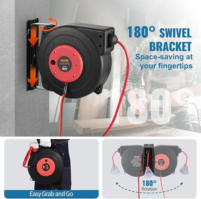 VEVOR Retractable Extension Cord Reel, 50 FT, Heavy Duty 14AWG/3C SJTOW Extension Power Cord with Lighted Triple Tap Outlet, 13A Circuit Breaker 180° Swivel Bracket for Ceiling or Wall Mount, Red
