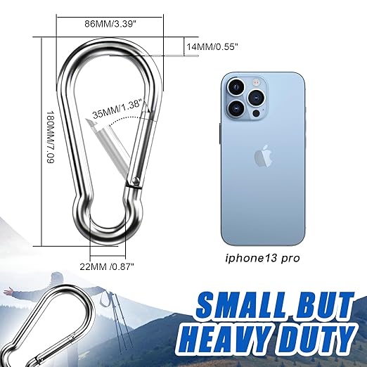 Large Carabiner Clip Hooks, 6pcs 7 inch Carabiners Heavy Duty, 304 Stainless Steel Spring Snap Hook Fits Camping Hanging Hiking Weight Lifting, Metal Clips for Rope or Chain