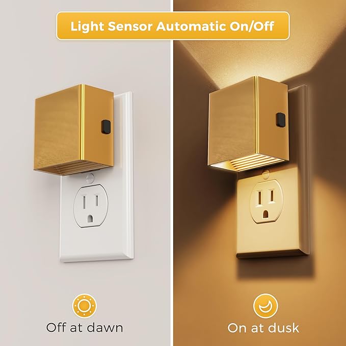 L LOHAS LED Night Light,Night Lights Plug into Wall,[2-Pack] Dimmable Night Light with Light Sensor,3000K Warm White,Gold Nightlight for Bathroom Hallway Kitchen