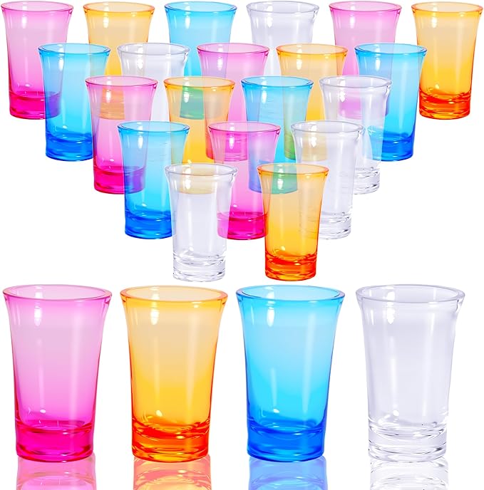 24 Pcs 1.2 oz Colorful Acrylic Shot Glasses Bulk Gradient Acrylic Shot Glass Colorful Clear Unbreakable Cups for Whiskey Spirits Liquors Vodka, 4 Colors