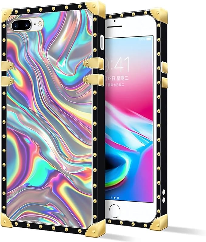 Compatible with iPhone 8 7 SE Case, Holographic Abstract Iridescent Textures Luxury Golden Decoration for Girl Women Soft TPU Shockproof Protective Hard PC Back for iPhone 8 7 SE