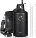BUZIO Insulated Water Bottles 64oz with Straw Lid, Half Gallon Double Wall Stainless Steel Wide Mouth Water Bottle with Two Lids, Powder Coat Metal Water Jug Thermo Mug Metal Canteen, Keep Hot Cold