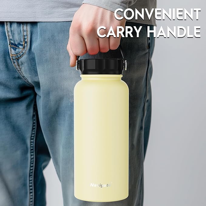Navigate 32 oz Insulated Stainless Steel Sports Water Bottle with Spout & Handle Lids,Wide Mouth Water Jug with Double Walled Leak Proof Keep Cold for 24 Hrs Hot for 12 Hrs,Faint Yellow