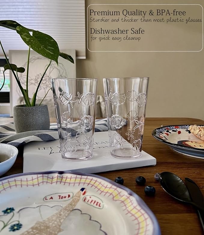 KLIFA- HAWAII series- 15.2 & 20.9 ounce, Set of 8, Sea World Acrylic Drinking Glasses, Shatter-proof Tumblers, BPA-Free, Stackable Plastic Drinkware, Dishwasher Safe Cups, Clear