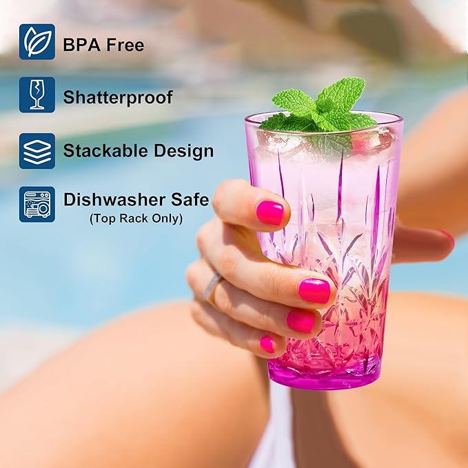 Lily's Home 18oz Unbreakable Premium Drinking Tumblers Set of 4, BPA-Free Dishwasher-Safe Stackable Cups, Crystal HighBall Glasses, Reusable Drinkware for Indoor & Outdoor Use, Made in Taiwan.