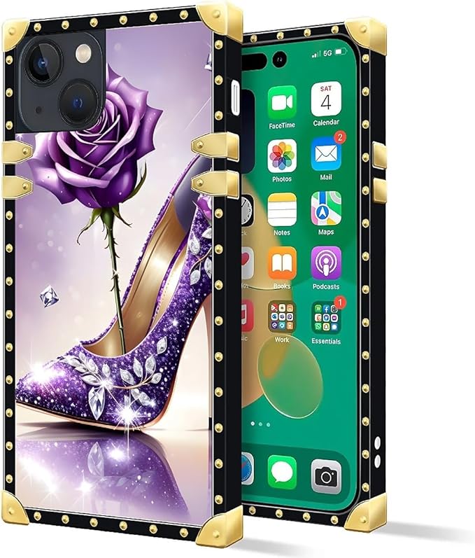 Compatible with iPhone 14 Case, High Heeled Purple Diamond Rose Luxury Golden Decoration for Girl Women Soft TPU Shockproof Protective Hard PC Back for iPhone 14