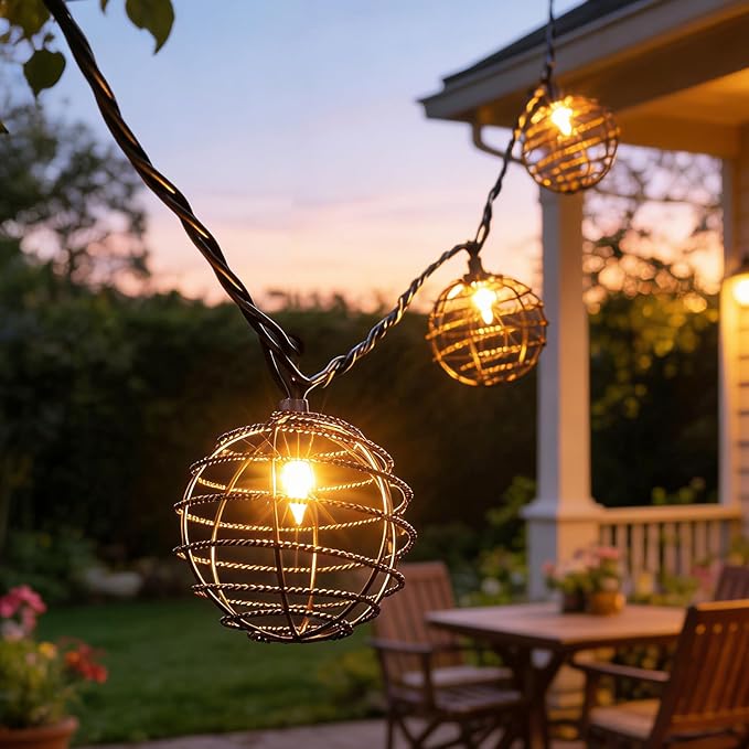 Decorative String Lights Indoor Outdoor, Patio Lantern Style String Lights with 10 Warm White Mini Bulbs, UL Listed Connectable Weatherproof Plug In Lights for Home Decoration(Iron Wire Twist Ball)