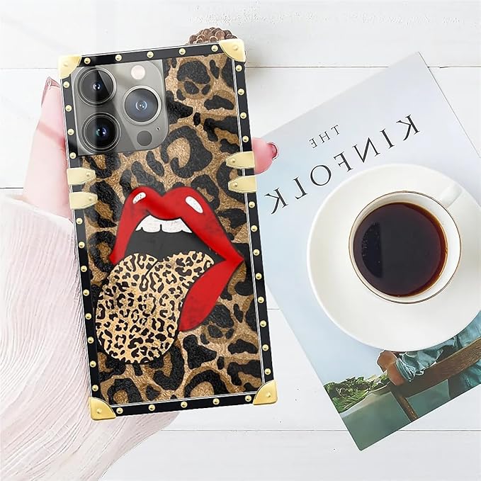 Compatible with iPhone 15 Pro Max Case, Brown Leopard Print Mouth Luxury Golden Decoration for Girl Women Soft TPU Shockproof Protective Hard PC Back for iPhone 15 Pro Max