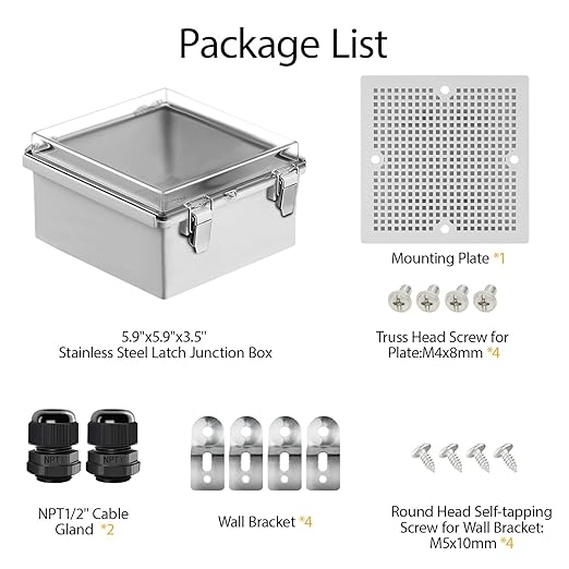 LeMotech Electrical Box, IP67 Waterproof Hinged Clear Cover Stainless Steel Latch Junction Box, ABS Plastic Electrical Enclosure with Mounting Plate,Wall Brackets, Cable Glands,5.9"x5.9"x3.5",Grey