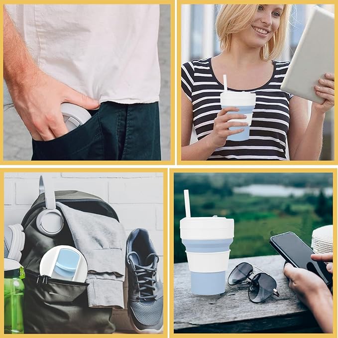 Silicone Foldable Drinking Cup for Camping Hiking,Portable Silicone Water Bottle for Hot and Cold Beverages with Straw- Blue & White