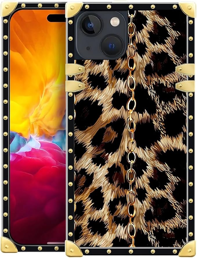 Compatible with iPhone 15 Case, Seamless Gold Chain Leopard Luxury Golden Decoration for Girl Women Soft TPU Shockproof Protective Hard PC Back for iPhone 15