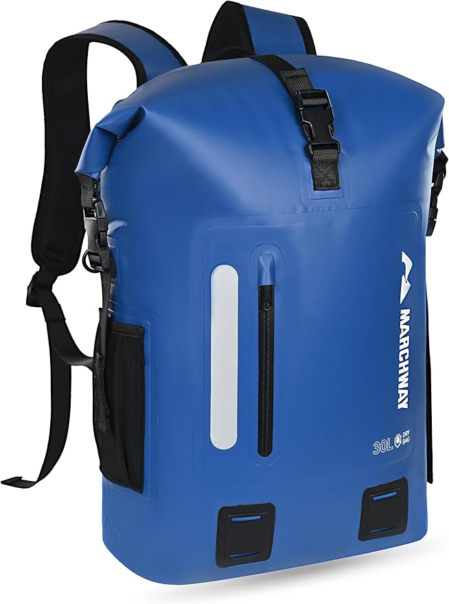 MARCHWAY Roll Top Waterproof Backpack, Floating Dry Bag 20L/30L/45L with Ergonomic Rectangular Base, Cushioned Back, Hip Strap for Hiking Camping Kayaking Travel (Blue, 45L)