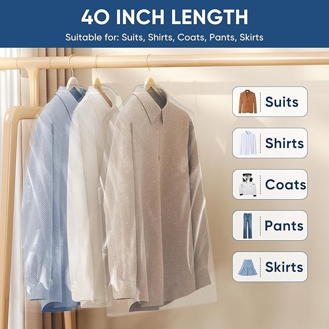 50 Pack 23.6"x40" Garment Bags for Hanging Clothes, Thick Clear Plastic Dry Cleaning Covers for Closet Storage & Travel