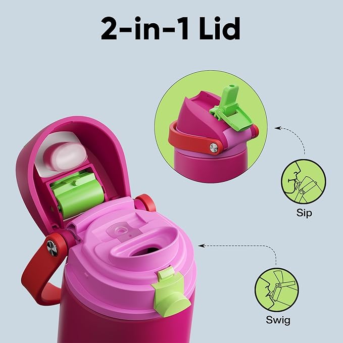 Insulated Water Bottle with Straw - Encool Stainless Steel Water Bottle with Push Button Lid, Leak-Proof & BPA-Free, Keeps Cold for 24 Hours for Sports, Travel, Gym (24 oz, Cerise Pink)