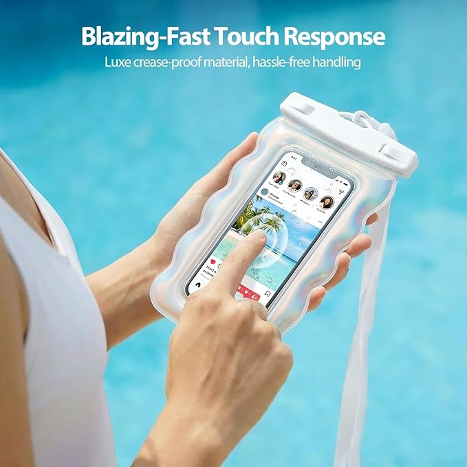 Floatable Waterproof Phone Pouch Case for iPhone 17 16 Pro Max/15/14, IP68 Travel Cellphone Dry Bag Beach Cruise Ship Essentials Bags with Crossbody Lanyard, Pearlescent Wave Style - 7″