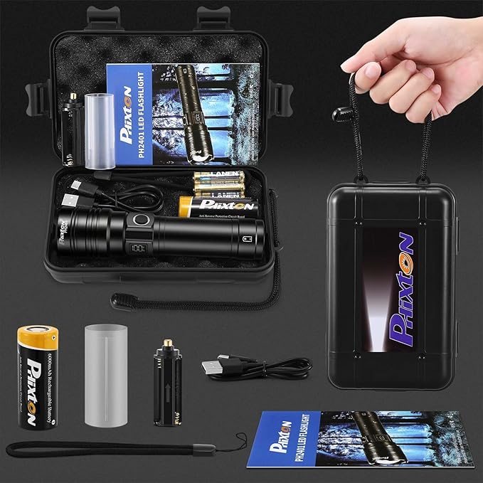 PHIXTON Rechargeable Flashlights 100000 High Lumens Long Range 3280 FT, Super Bright USB C LED Flashlight Long Lasting 15 Hours, Powerful Multifunctional Strong Flash Lights, for Camping