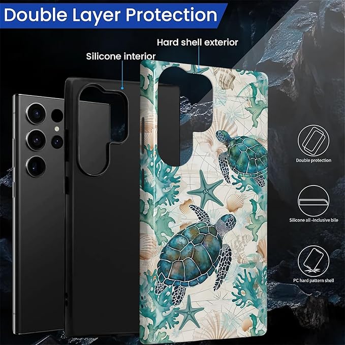 for Samsung Galaxy S23 Ultra Case,HL2 Ocean Sea Turtle Nautical Map Hybrid 2 Layer Hard Shell Silicone Protective Pattern Design Case