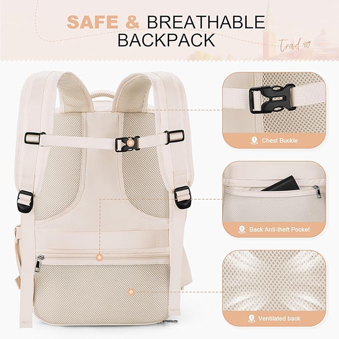 Maelstrom Travel Backpack for Women Men,35L Waterproof Laptop Backpack Fits 17-Inch Laptop, Gift for School Work Backpack with Detachable Crossbody Bag & Shoe Compartment(Beige, Large-Upgrade)