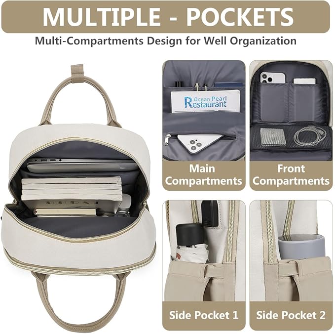 Backpack for Women Laptop Bag: Work Travel Backpacks Fits 17 inch Computer Waterproof College Bookbag with USB Charger Anti-theft Business Casual Backpack Purse for Nurse Teacher Beige Khaki