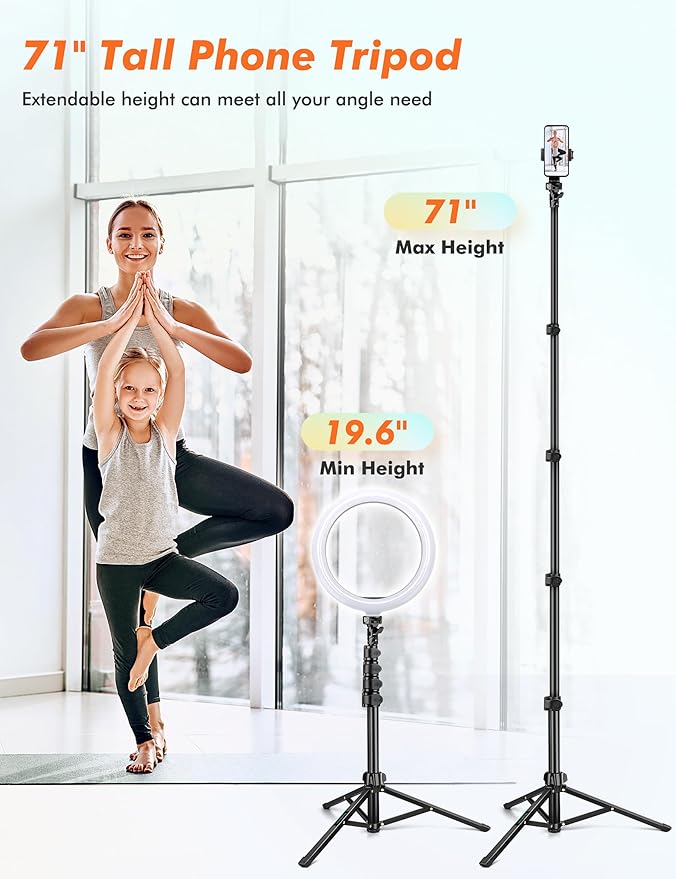 Nineigh 71" Tripod for iPhone, Phone Tripod Selfie Stick with Remote, Cell Phone Tripods & Tall Travel Tripods for Recording Video Selfies Photo, Compatible with iPhone 17 16 15 14 Pro Max 13 Android