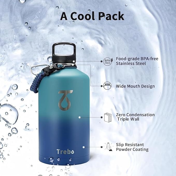 Trebo 1 Gallon(128oz) Water Bottle Insulated with Paracord Handle and Straw,Vacuum Triple Wall Stainless Steel Large Jug Keep Cold 48 Hours, Leakproof & BPA Free for Men Gym/Hiking/Camping, Cyan Blue