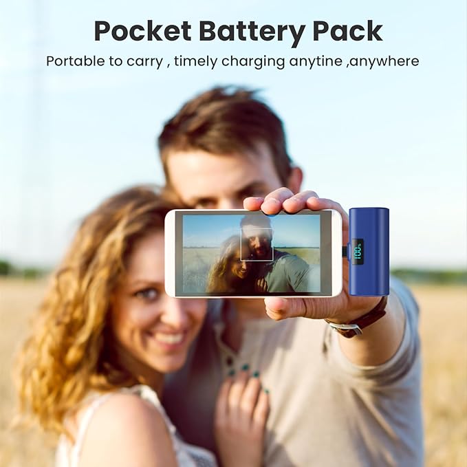 [2-Pack]Small Portable Charger 5200mAh, Upgraded PD USB C Power Bank Built-in USB-C Connector,LCD Display Battery Pack Compatible with iPhone 15/15 Plus/15 Pro/15 Pro Max/Samsung Android(Blue+Purple)