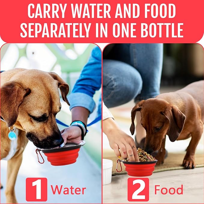 Dog Travel Water Bottle W/Collapsible Bowls - Portable 2 in 1 Leakproof Pet Water Bottle Food Container Ideal for Travel, Outdoor Portable Water Bowls for Walking, Camping & Hiking - (Red)