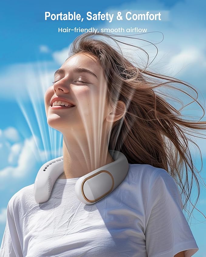 SHEWIND Portable Neck Fan - 5000mAh Rechargeable Hands-Free Wearable Fan | 4 Speeds, Bladeless & LED Display | Personal Cooling Fan for Travel, Outdoors, Camping - White