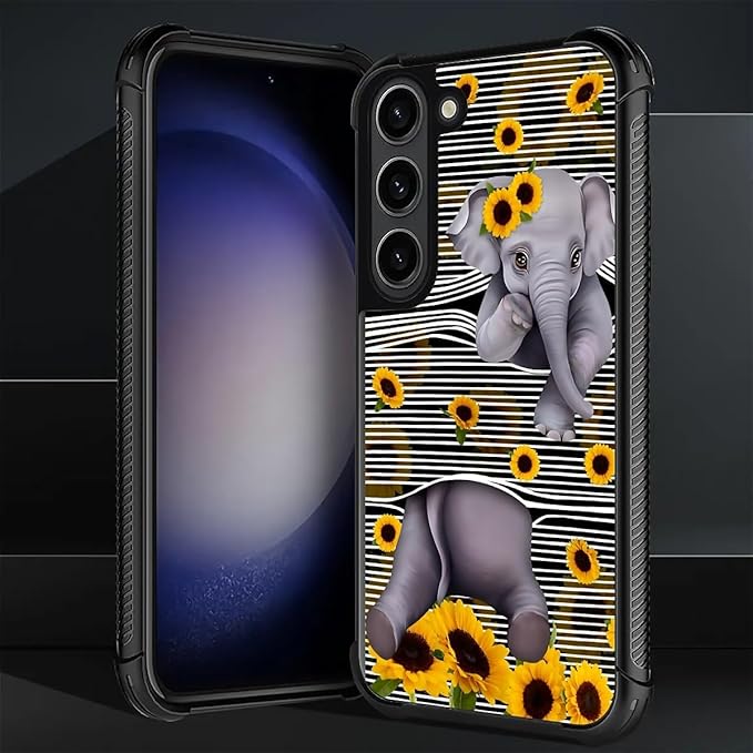 for Samsung Galaxy S23 Case, Cute Little Elephant Sunflower White Line Art Pattern Graphic Design Girl Boy Soft Silicone Hard Acrylic Shock Protection for Samsung Galaxy S23