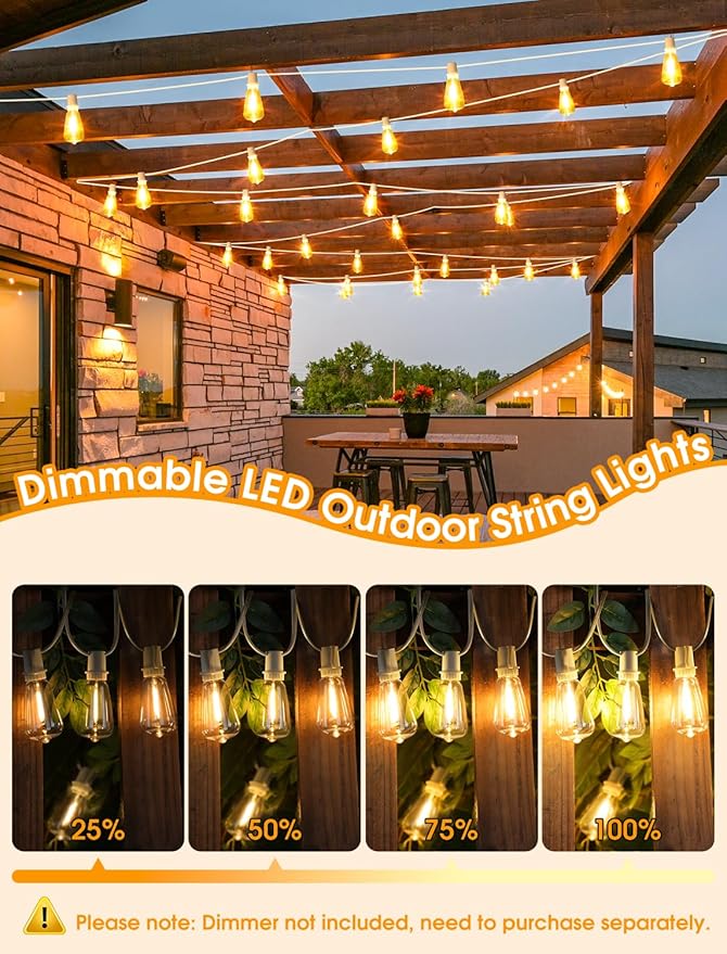Larkvue 50FT(2x25FT) Outdoor String Lights, Patio Lights with 20+2 LED Dimmable Waterproof ST38 Vintage Bulbs for Wedding Garden Party Decor, White