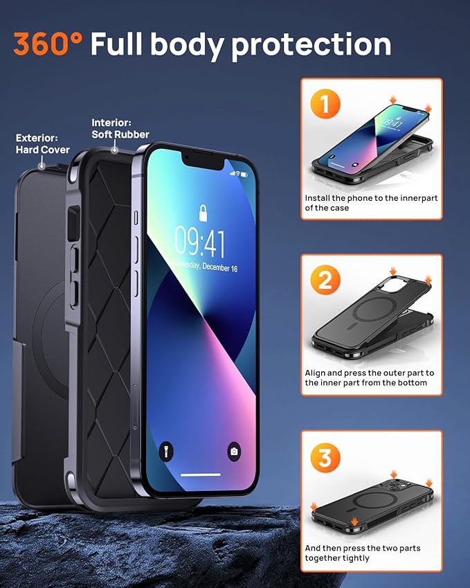Lanhiem Magnetic for iPhone 13 Case, 2 Pack [Tempered Glass Screen Protectors+Camera Lens Protectors] 10 FT Military Drop Protection Anti-Fingerprint Slim Design Phone Cover for iPhone 13 (Black)