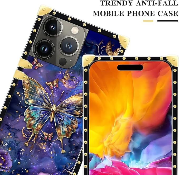 Compatible with iPhone 15 Pro Case, Glistening Golden Butterfly Vibrant Purple Blue Luxury Golden Decoration for Girl Women Soft TPU Shockproof Protective Hard PC Back