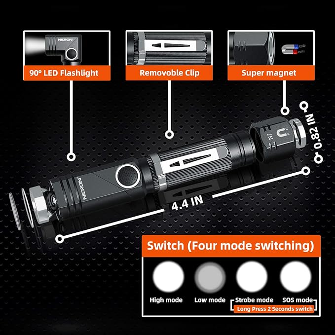 NICRON Flashlight, N7 600 Lumens Tactical Flashlight 2 Pack, 90 Degree Ip65 Waterproof Led Mini Flashlight 4 Modes- Best High Lumens are for Camping, Outdoor, Hiking （Not Including Batteries） Gift
