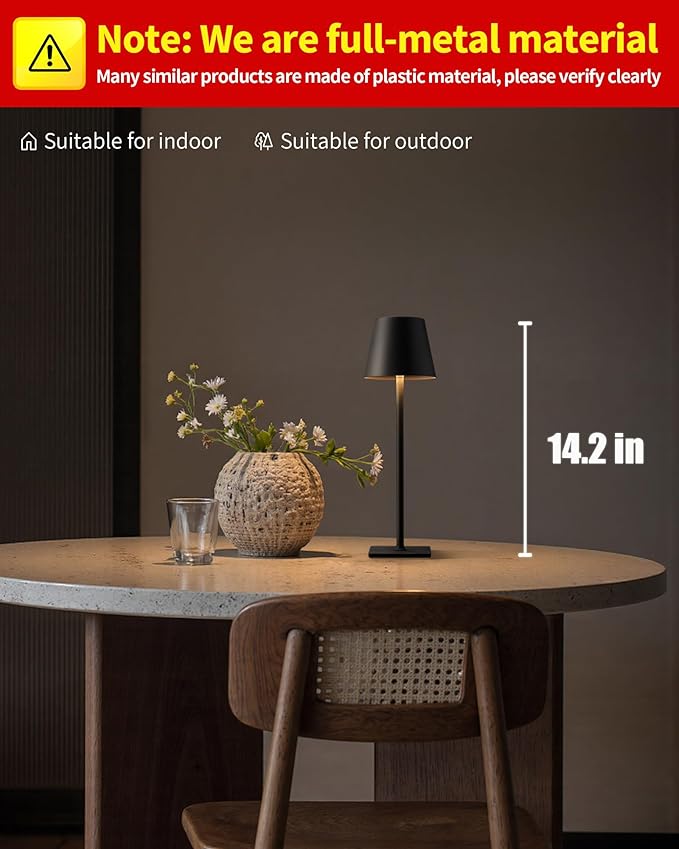 KDG 2 Pack Cordless Table Lamp, Portable LED Desk Lamps, 5000mAh Battery Operated, 3 Color Stepless Dimming Up, for Restaurant, Bedroom, Outdoor Camping, Coffee Shop, Night Light, Rechargeable (Black)