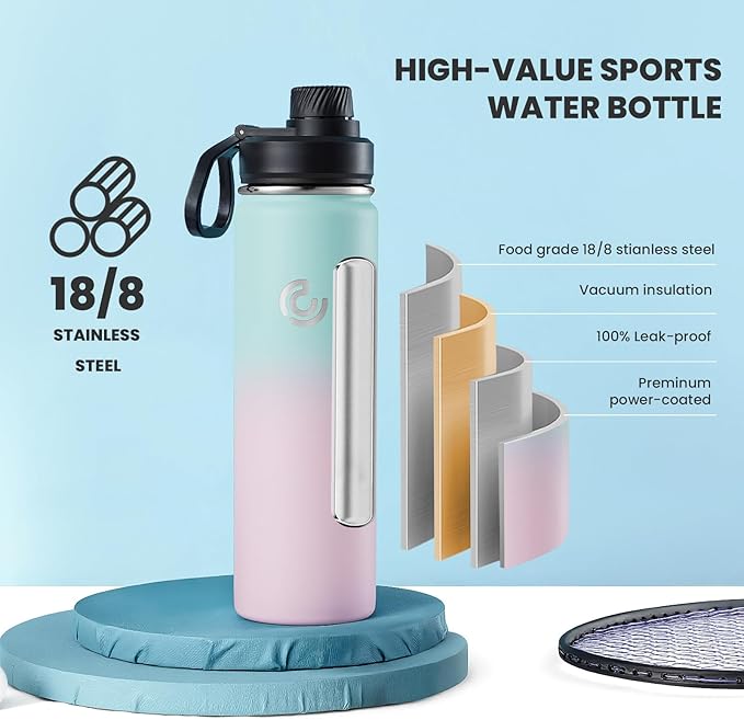 Sports Water Bottle 22oz, Insulated Water Bottle with Handle,Stainless Steel,Simple Modern,Suitable for Travel, School, Boy, Girl(Bubble Gum)