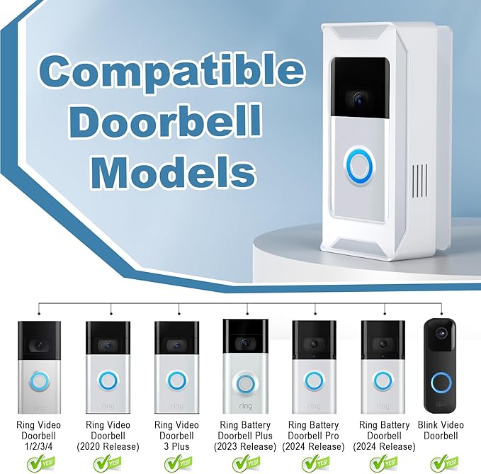 Anti-Theft Video Doorbell Mount Compatible with Ring/Blink Wireless Camera Doorbell, Adjustable Angle Mount No-Drill Battery Doorbell Bracket for Houses, Apartments, Businesses（White