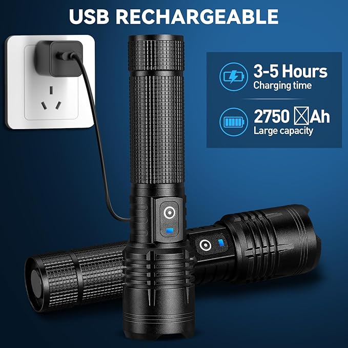 Kmivo Flashlight Rechargeable LED High Lumens, 99,000 Lumens Super Bright Flash Lights with 5 Modes, Adjustable，Waterproof Powerful Linterna for Home, Camping(2 Pack)