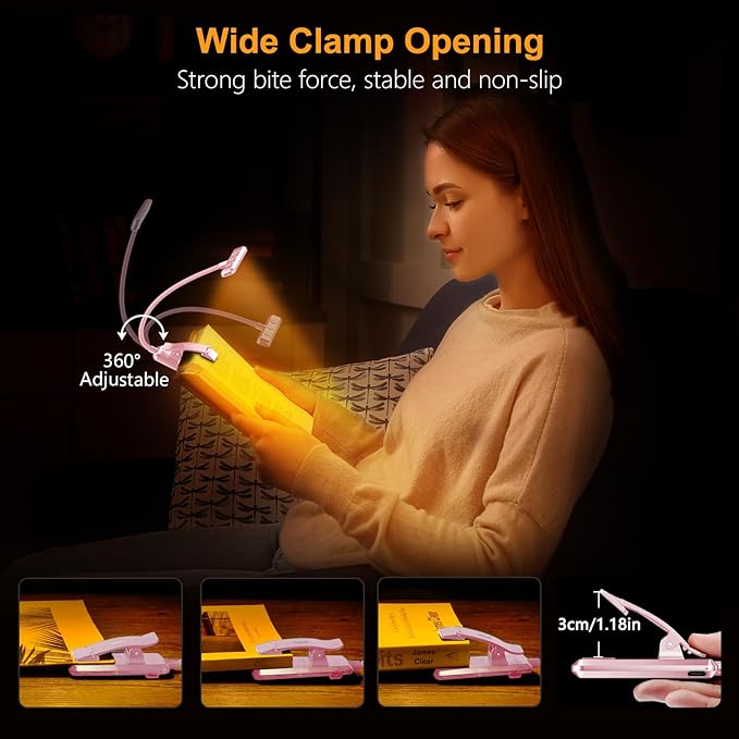 Gritin 19 LED Rechargeable Book Light for Reading in Bed with Memory Function- Eye Caring 3 Color Temperatures,Stepless Dimming Brightness,90 Hrs Runtime Clip on Light for Book Lovers-Pink