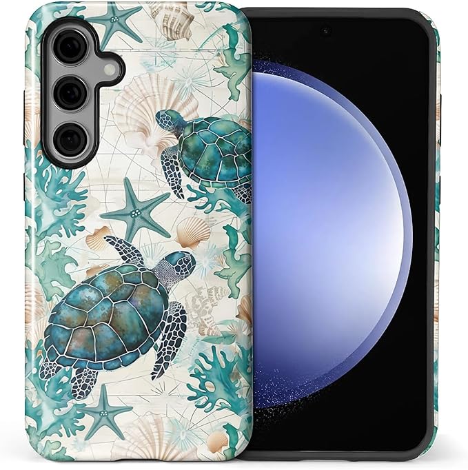 for Samsung Galaxy S23 FE Case,HL2 Ocean Sea Turtle Nautical Map Hybrid 2 Layer Hard Shell Silicone Protective Pattern Design Case