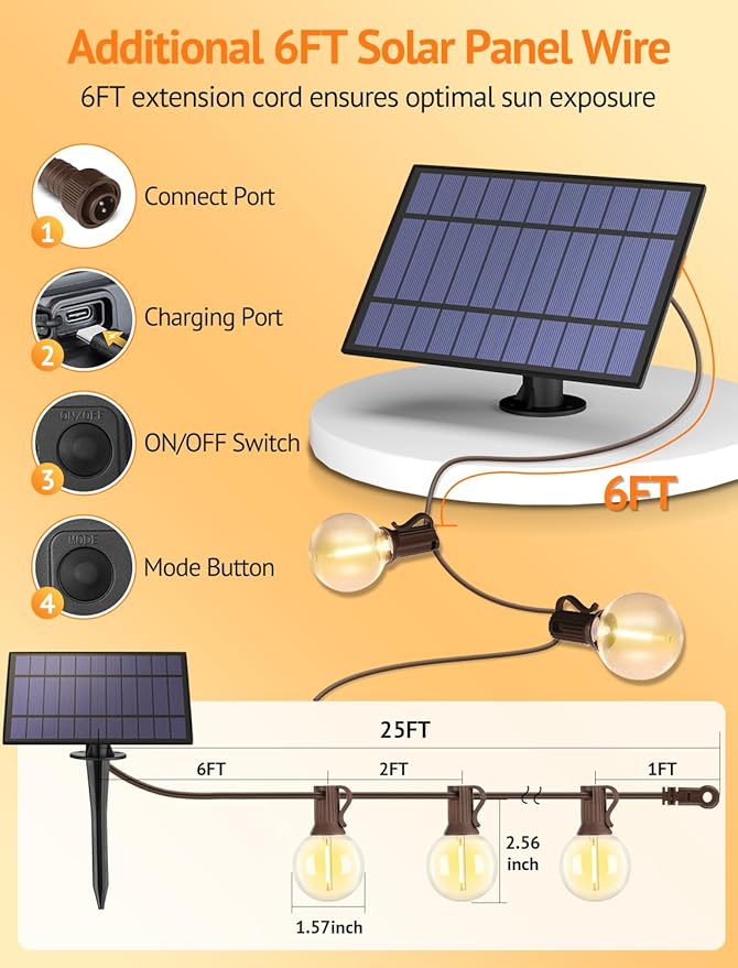 Larkvue 25FT Solar String Lights Outdoor with Remote, Waterproof Dimmable 3 Modes Patio Lights with 10+1 LED Shatterproof G40 Bulbs for Wedding-Brown