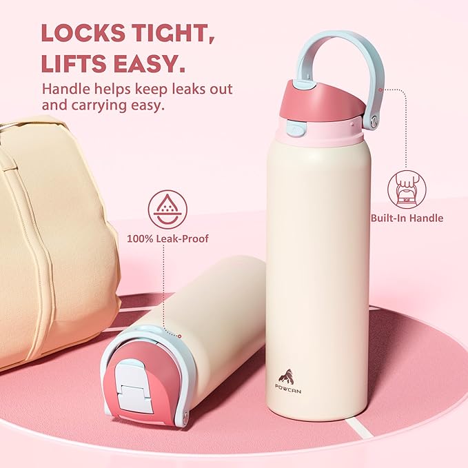 POWCAN 40 oz Large Water Bottle with Handle for Sports: Quick Open Straw and Spout Lid, Leakproof, Carry Handle, Vacuum Insulated Flask with straw for Hiking, Outdoors, Workout, Travel (Breezy Sunday)