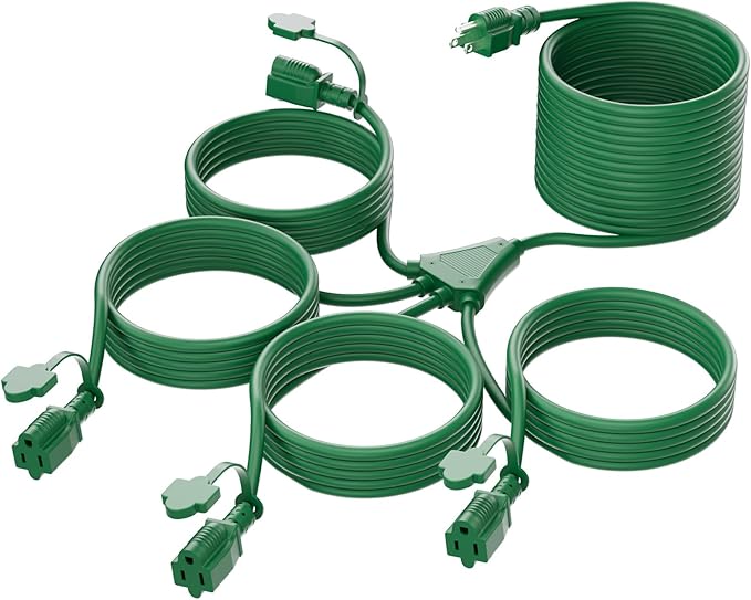 K KASONIC - 46FT Christmas Lights Outdoor Extension Cord with Mutil Outlets, ETL Listed Heavy Duty Electrical Cord with Protective Covers, Weatherproof Extension Cord for Outside, 16AWG/1625W, Green