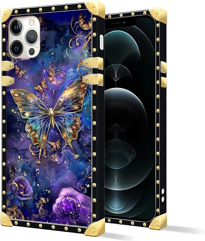 Compatible with iPhone 11 Pro Max Case, Glistening Golden Butterfly Vibrant Purple Blue Luxury Golden Decoration for Girl Women Soft TPU Shockproof Protective Hard PC Back