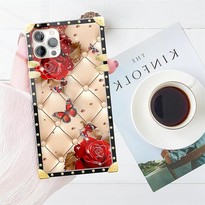 Compatible with iPhone 11 Pro Max Case, Shining Red Rose Butterfly Leather Background Luxury Golden Decoration for Girl Women Soft TPU Shockproof Protective Hard PC Back